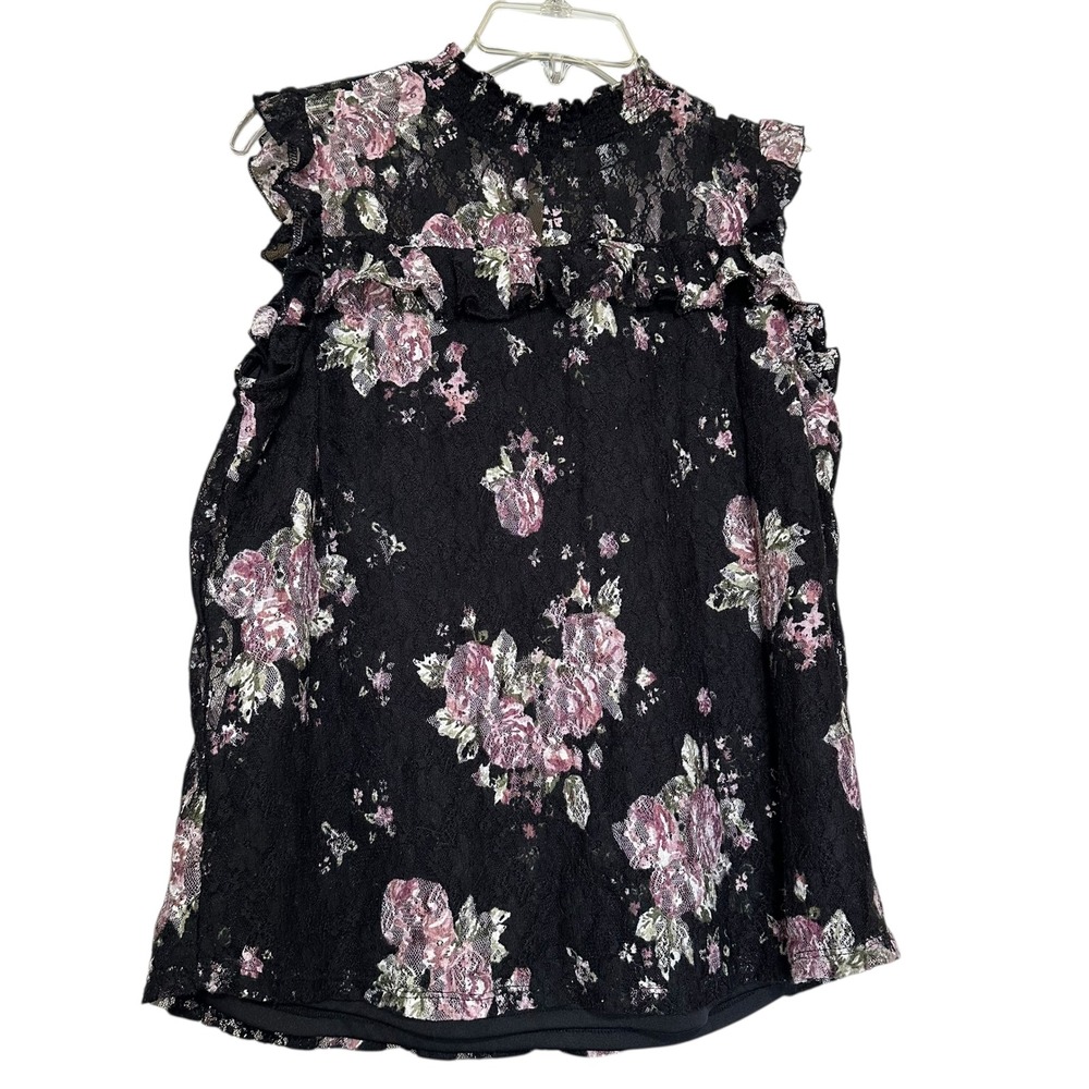 Crave Fame by Almost Famous Black Floral Lace Mock Neck Ruffle Top XL Whimsigoth